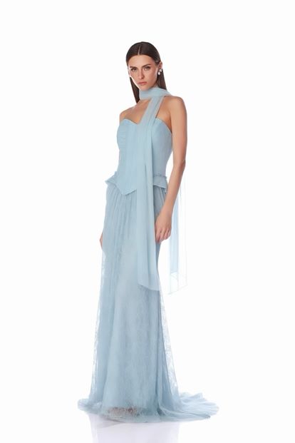 Blue Strapless Corset Lace Evening Dress